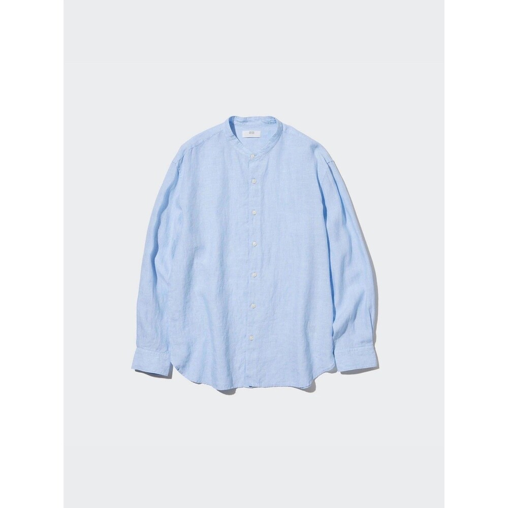 UNIQLO Linen Cotton Shirt Men XL Blue Stand Collar